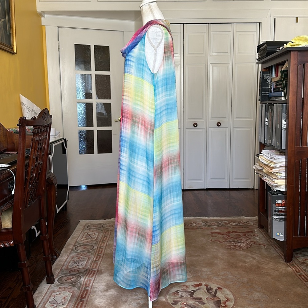 Soft Surroundings Carnevale Multi Plaid Maxi Dress Cowl Neck Pink Yellow Blue L - Picture 4 of 14